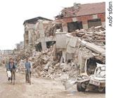 Photograph showing destruction caused by the 1999 Izmit, Turkey, earthquake